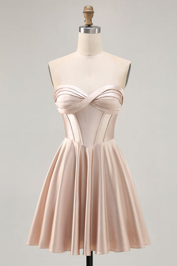 Strapless Corset Satin Champagne Short Prom Dress